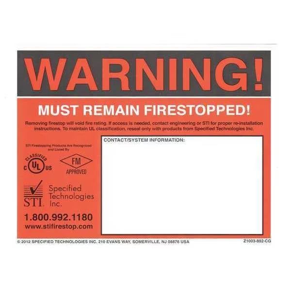 STI - Firestop Authority STI Z1003-892-CG Red Warning Labels - 100/Pack