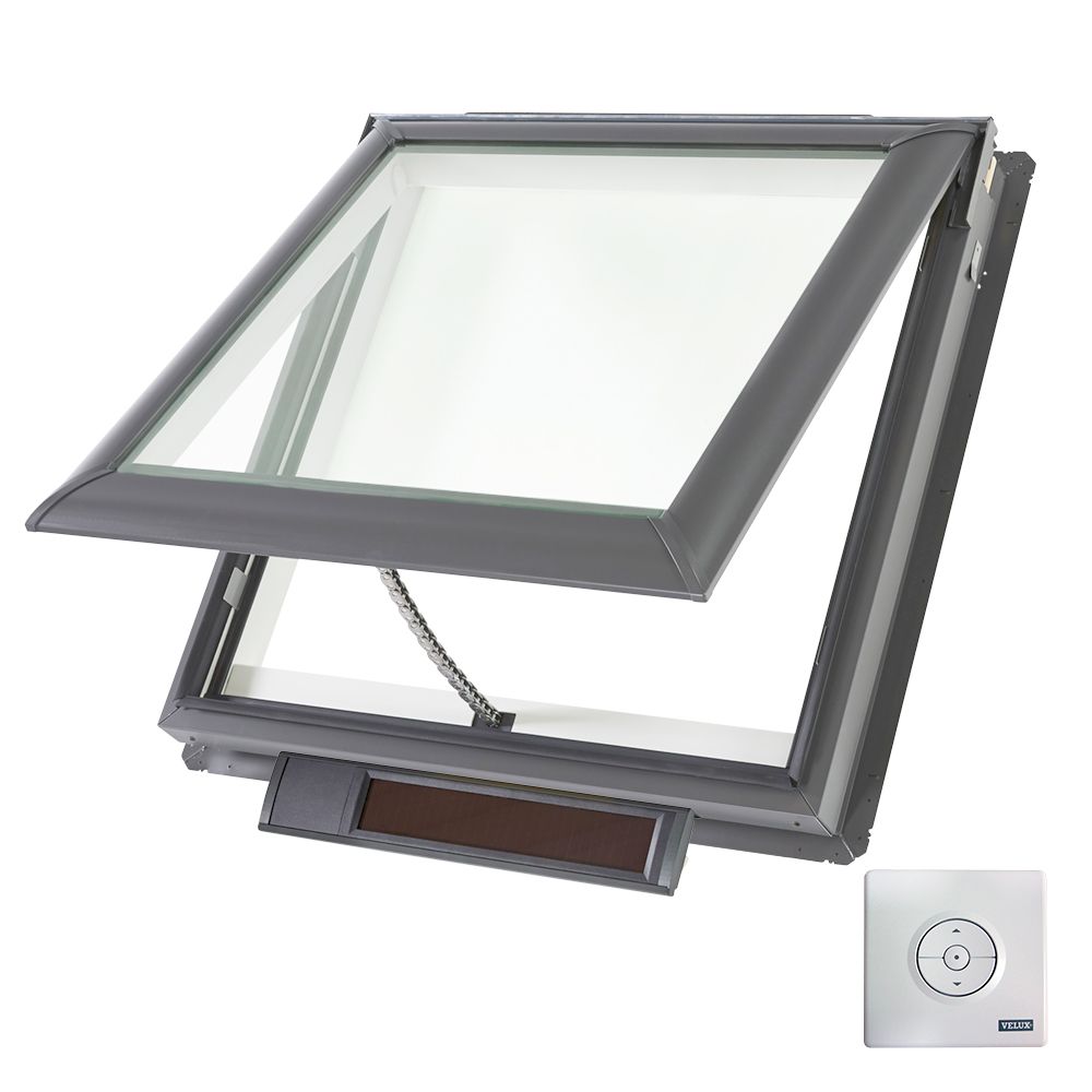 Velux 30-1/16" x 37-7/8" Solar Powered "Fresh Air" Deck-Mounted Skylight with Aluminum Cladding & Laminated Low-E3 Glass Stain Grade Wood