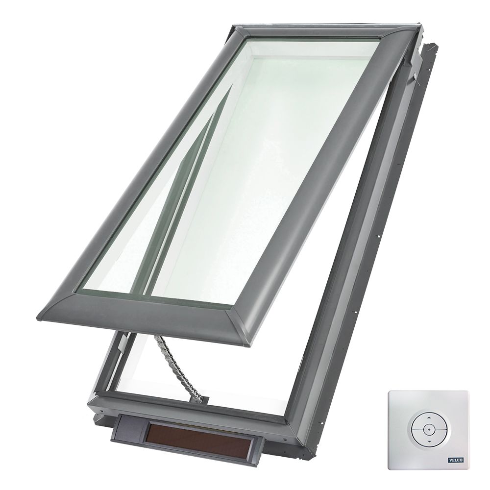 Velux 21" x 54-7/16" Solar Powered "Fresh Air" Deck-Mounted Skylight with Aluminum Cladding, Laminated Low-E3 Glass & White Solar Light Filtering Blind White