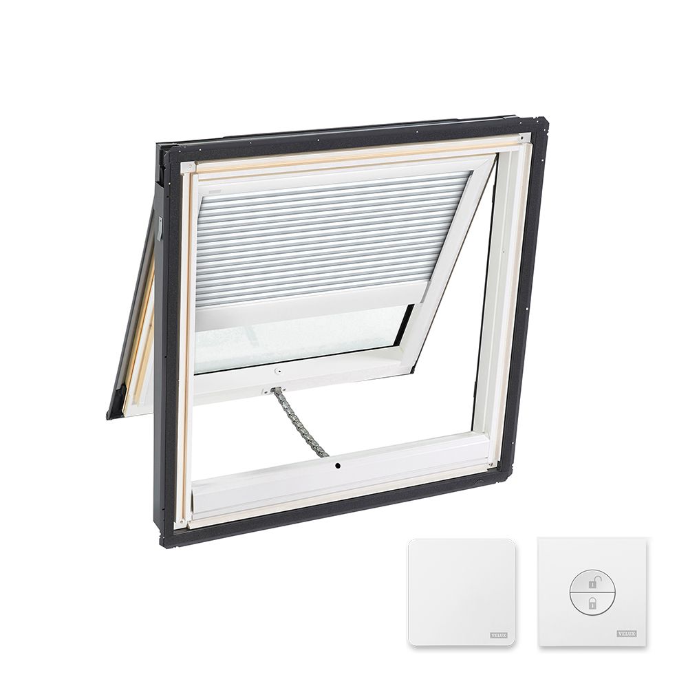 Velux 21" x 45-3/4" Manual "Fresh Air" Deck-Mounted Skylight with Aluminum Cladding, Laminated Low-E3 Glass & White Solar Room Darkening Blind White
